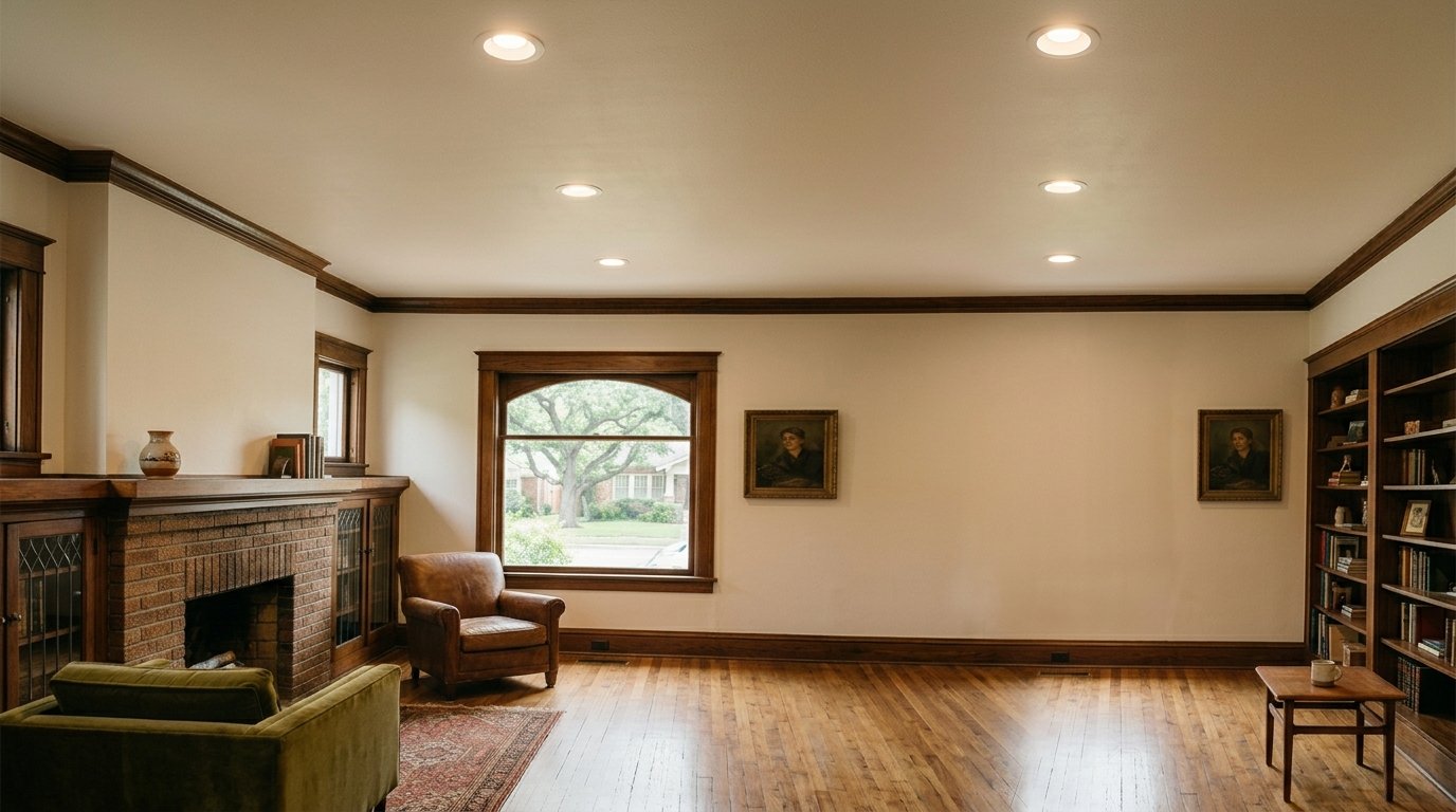 a finished rewiring and recessed lighting project in an older North Oak Cliff home
