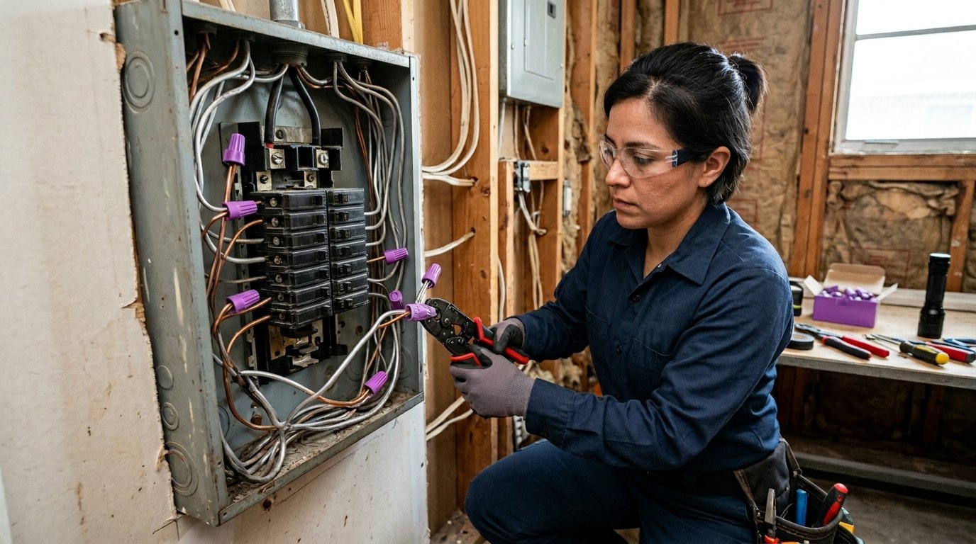 electrician remediating aluminum branch wiring with approved copper pigtail connectors in a 1970s Dallas home
