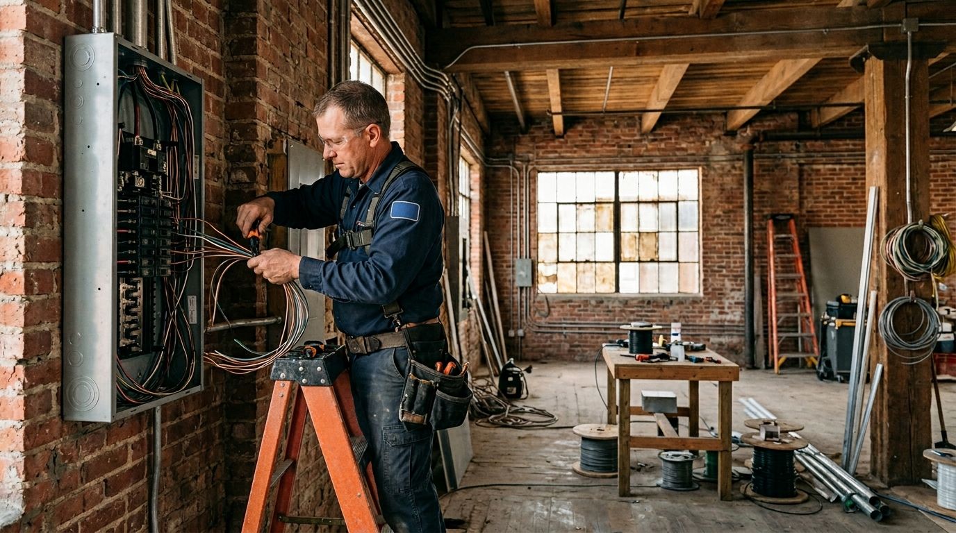 a licensed electrician rebuilding commercial wiring in a historic West End brick warehouse in Dallas