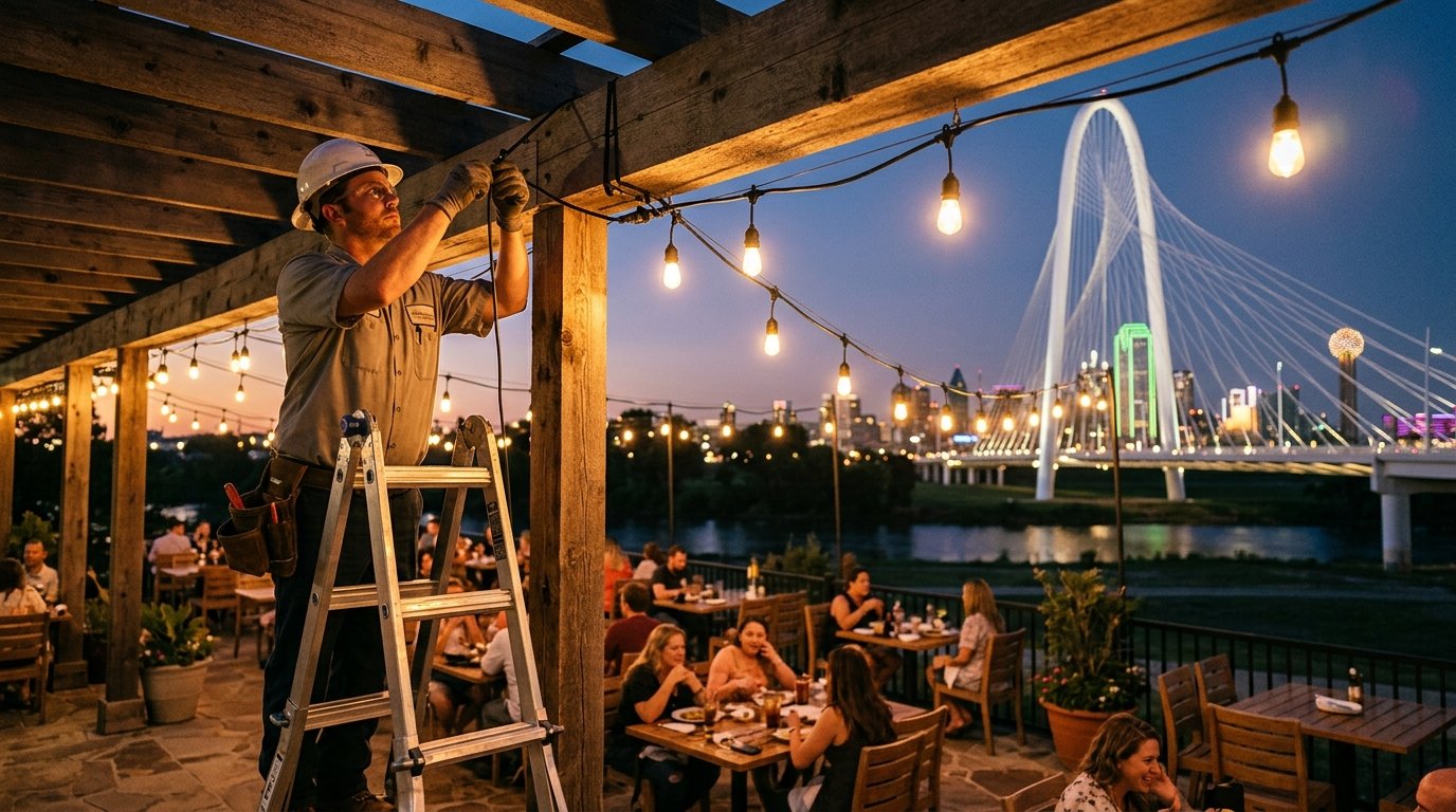 electrician installing string and patio lighting at an outdoor restaurant space near a Dallas bridge at dusk