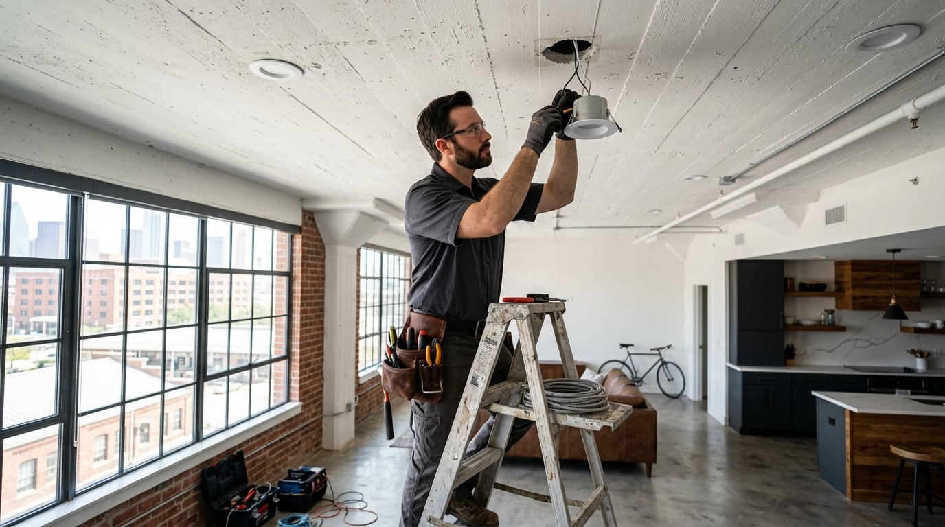 a licensed electrician installing recessed lighting in the ceiling of a modern Dallas Farmers Market District loft