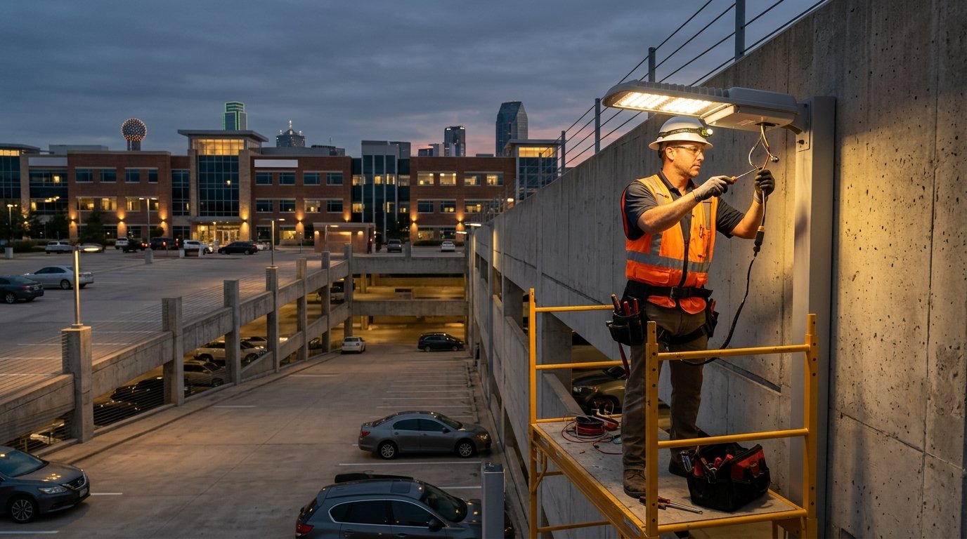 electrician repairing parking structure and exterior lighting at a medical office complex in Dallas at dusk