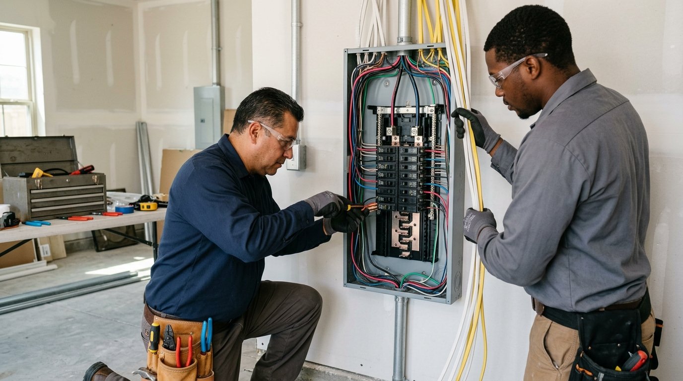two licensed electricians working together on a residential electrical panel in a Dallas home