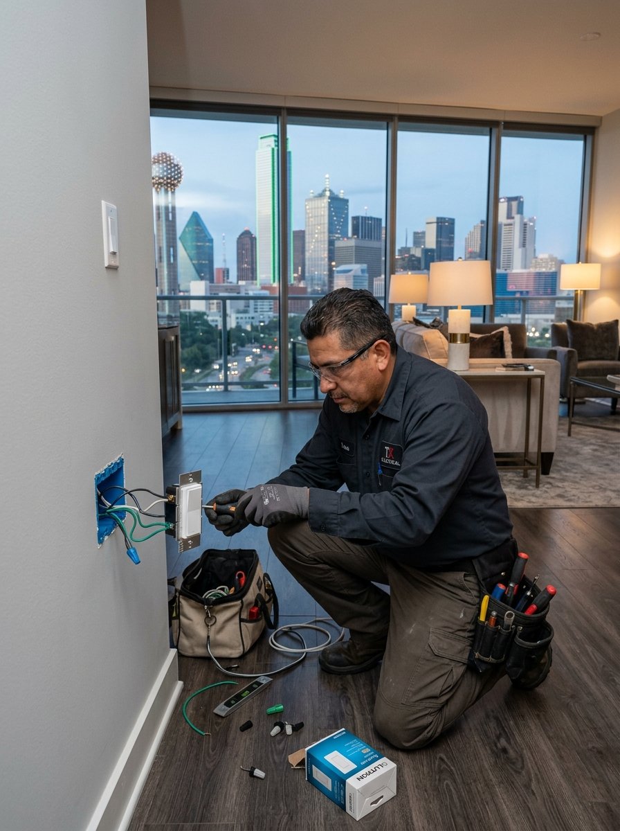 electrician installing smart lighting and switches in a modern high rise condo in Oak Lawn Dallas