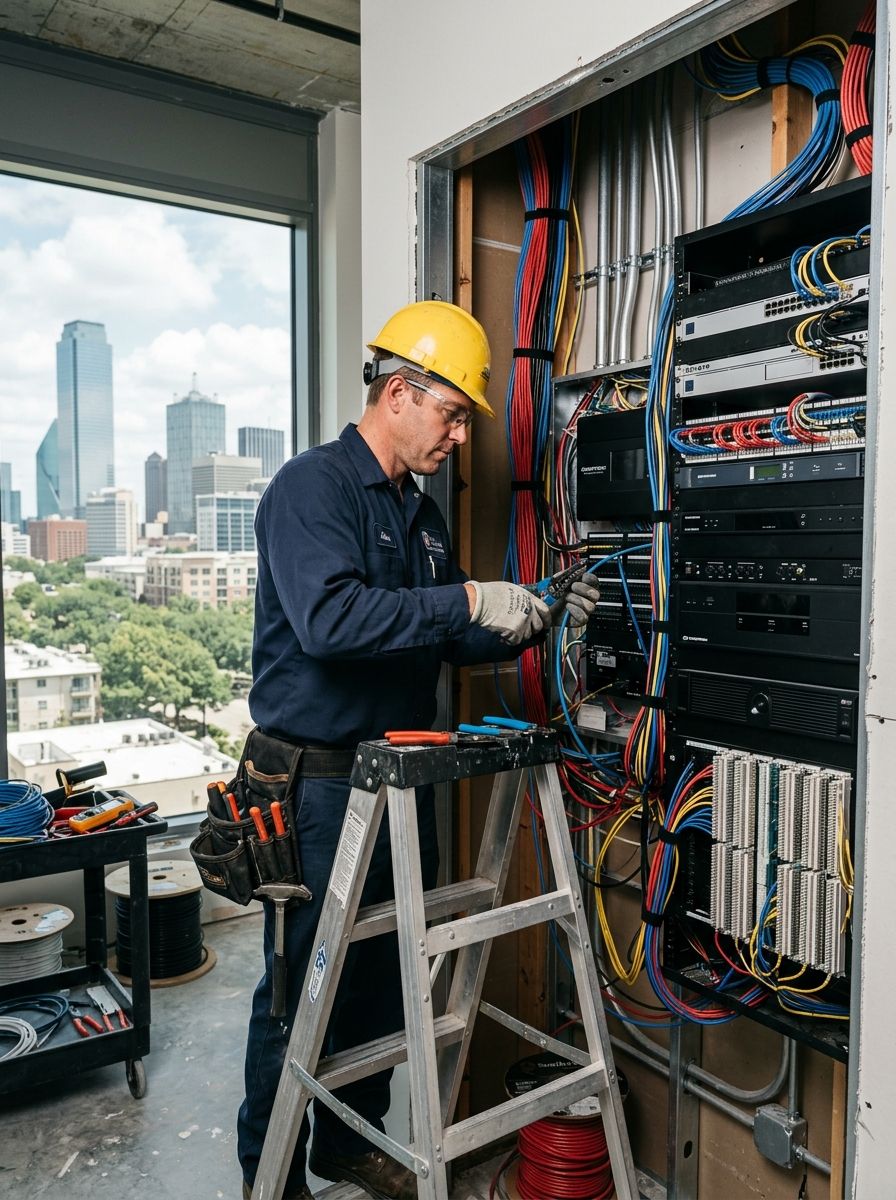 a licensed electrician installing commercial wiring and smart home systems in Oak Lawn Dallas
