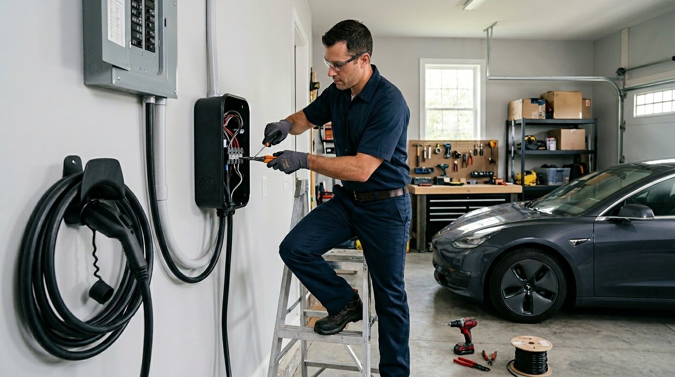 electrician installing a level 2 EV charger on a garage wall in a suburban home