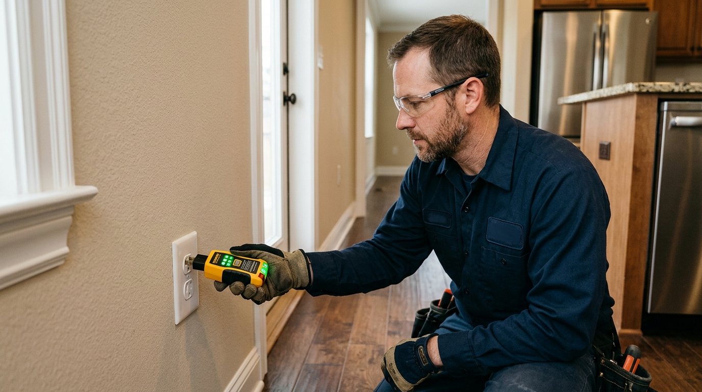 electrician testing an electrical outlet with a circuit tester during a home inspection